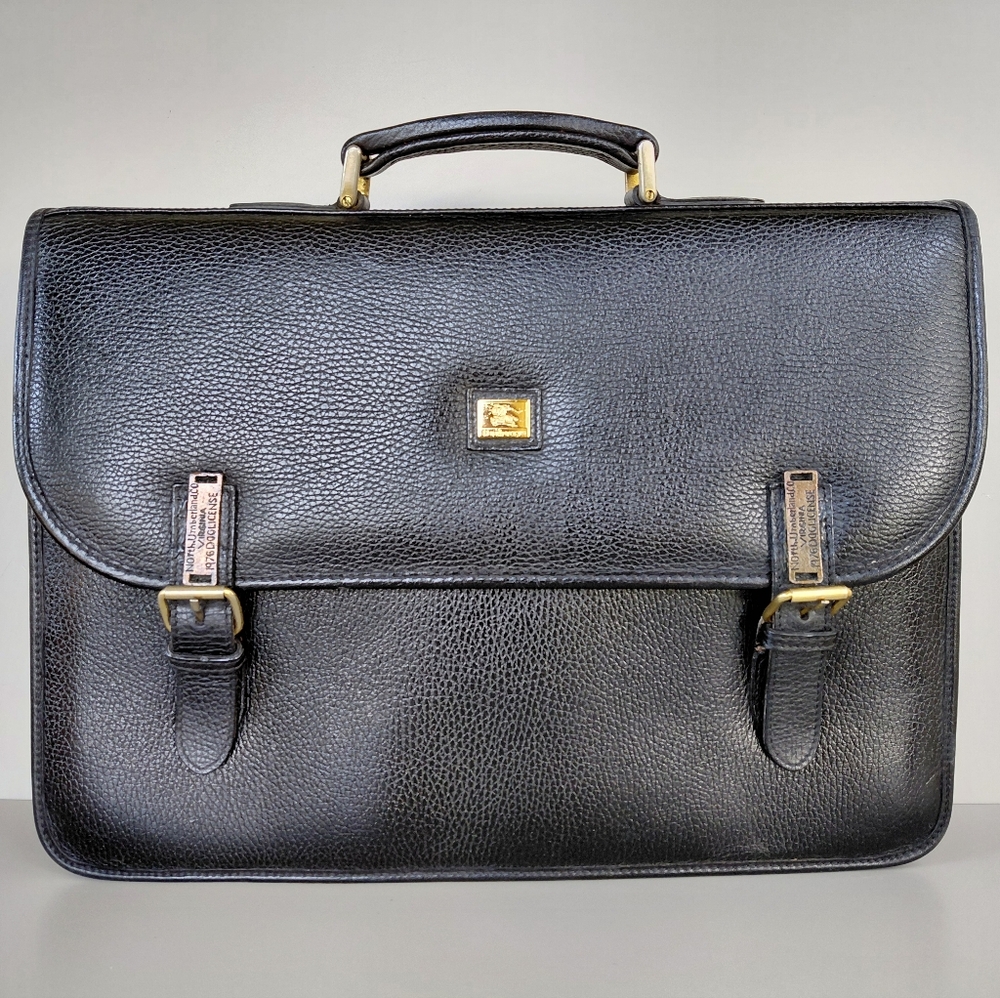 Burberry Black Leather Briefcase with Gold Accents